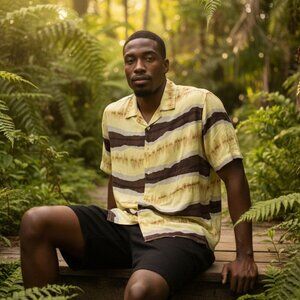 GB Black Label Hawaiian Shirt Mens Large Yellow Brown Striped Adult Men